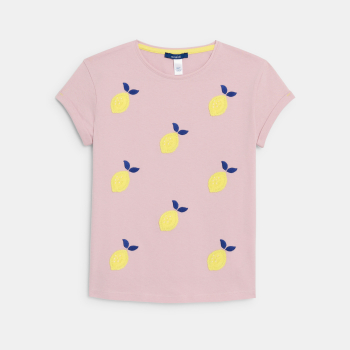 تيشيرت وردي بأكمام قصيرة مطرزة، للفتيات